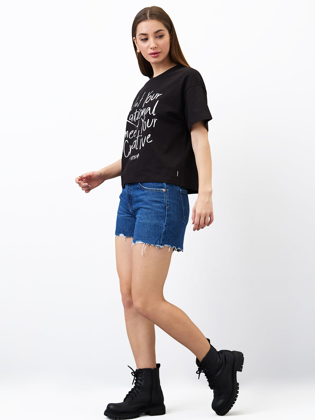 Spykar Black Oversized Solid Half Sleeve T-Shirt For Women