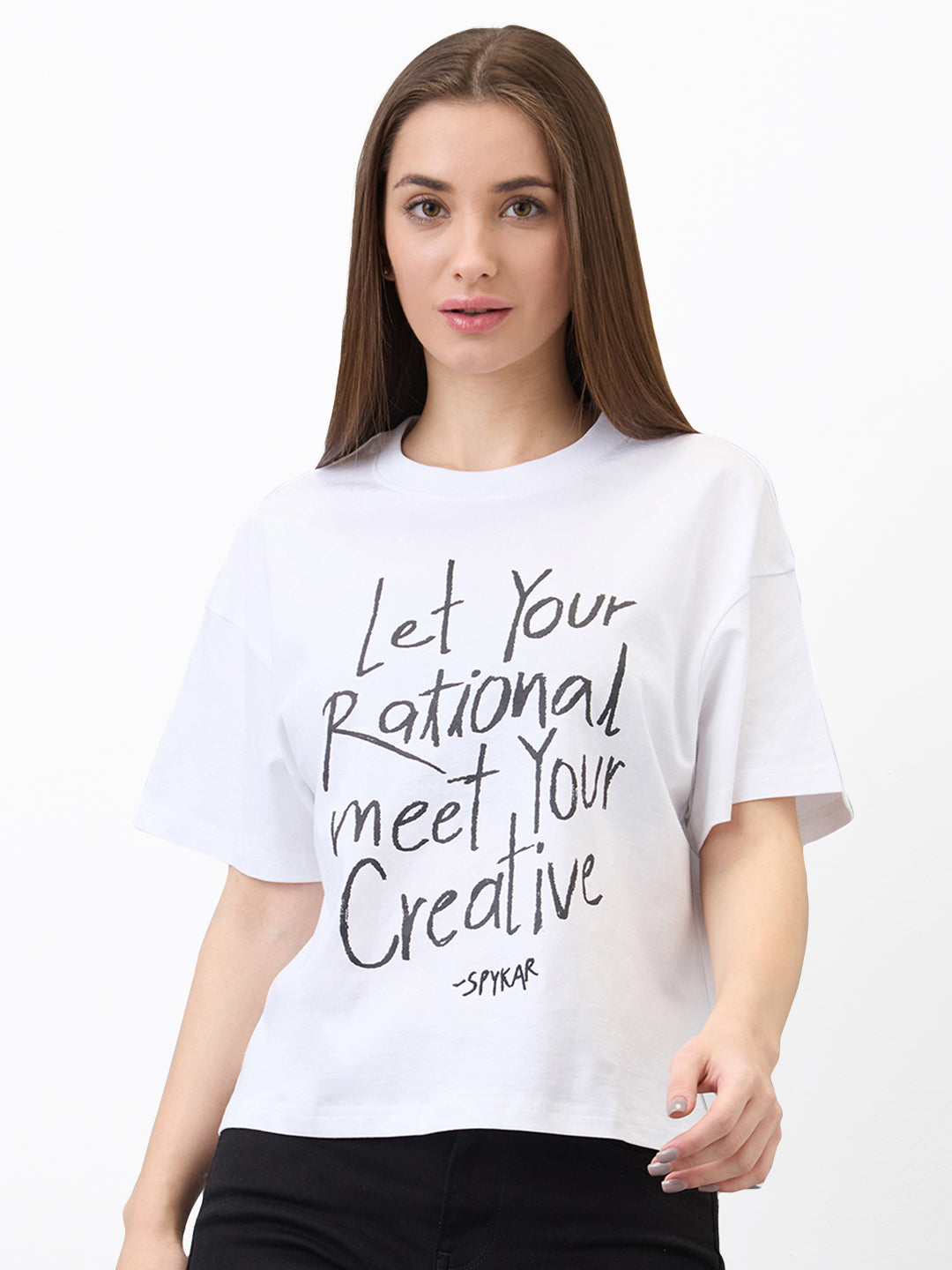 Spykar White Oversized Solid Half Sleeve T-Shirt For Women