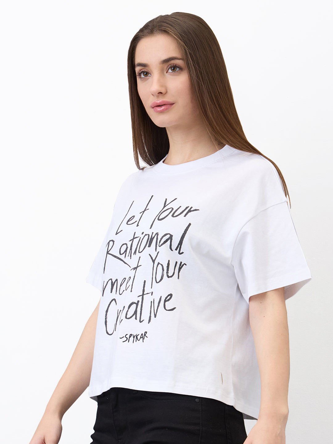 Spykar White Oversized Solid Half Sleeve T-Shirt For Women