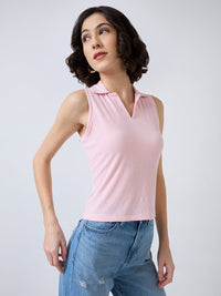 Women T-Shirt Solid Pink Slim Fit