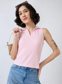 Women T-Shirt Solid Pink Slim Fit