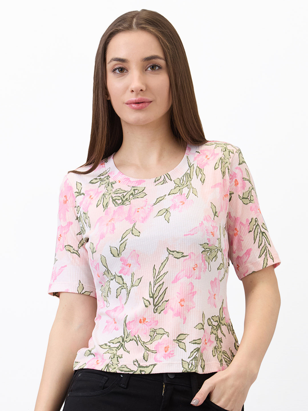 Spykar Beige Slim Fit Printed Half Sleeve T-Shirt For Women