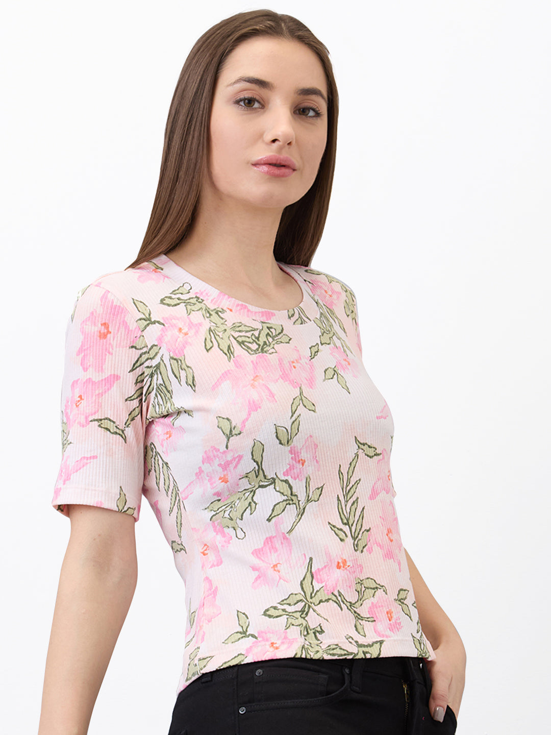 Spykar Beige Slim Fit Printed Half Sleeve T-Shirt For Women