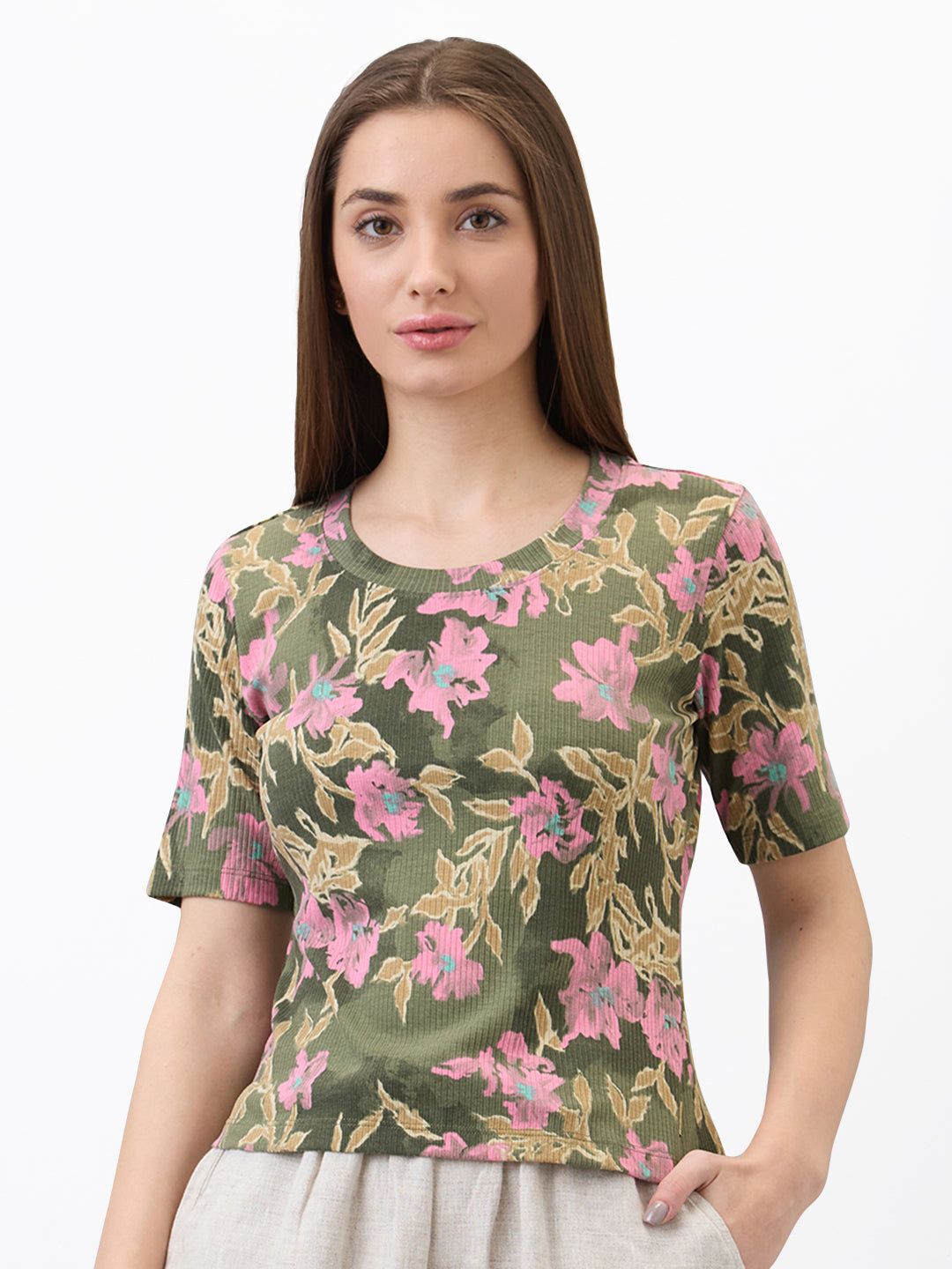 Spykar Green Slim Fit Printed Half Sleeve T-Shirt For Women