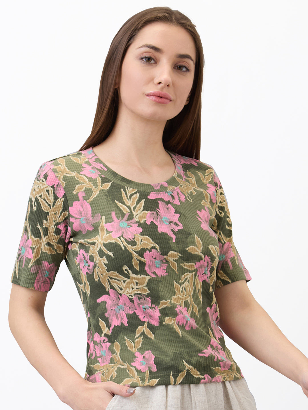 Spykar Green Slim Fit Printed Half Sleeve T-Shirt For Women