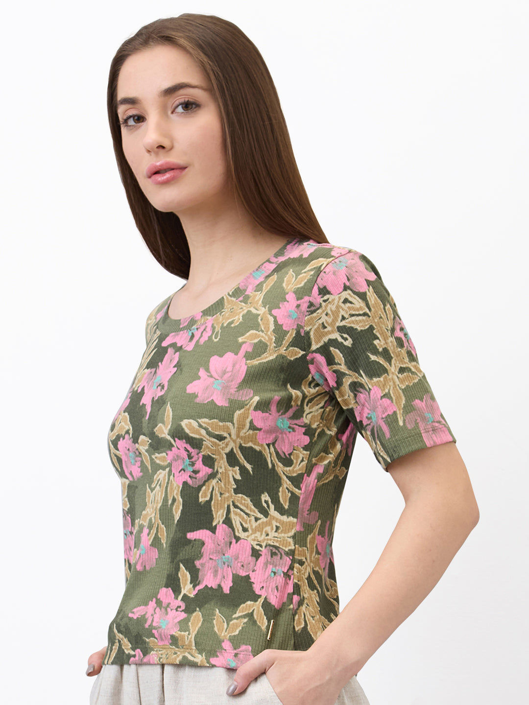 Spykar Green Slim Fit Printed Half Sleeve T-Shirt For Women