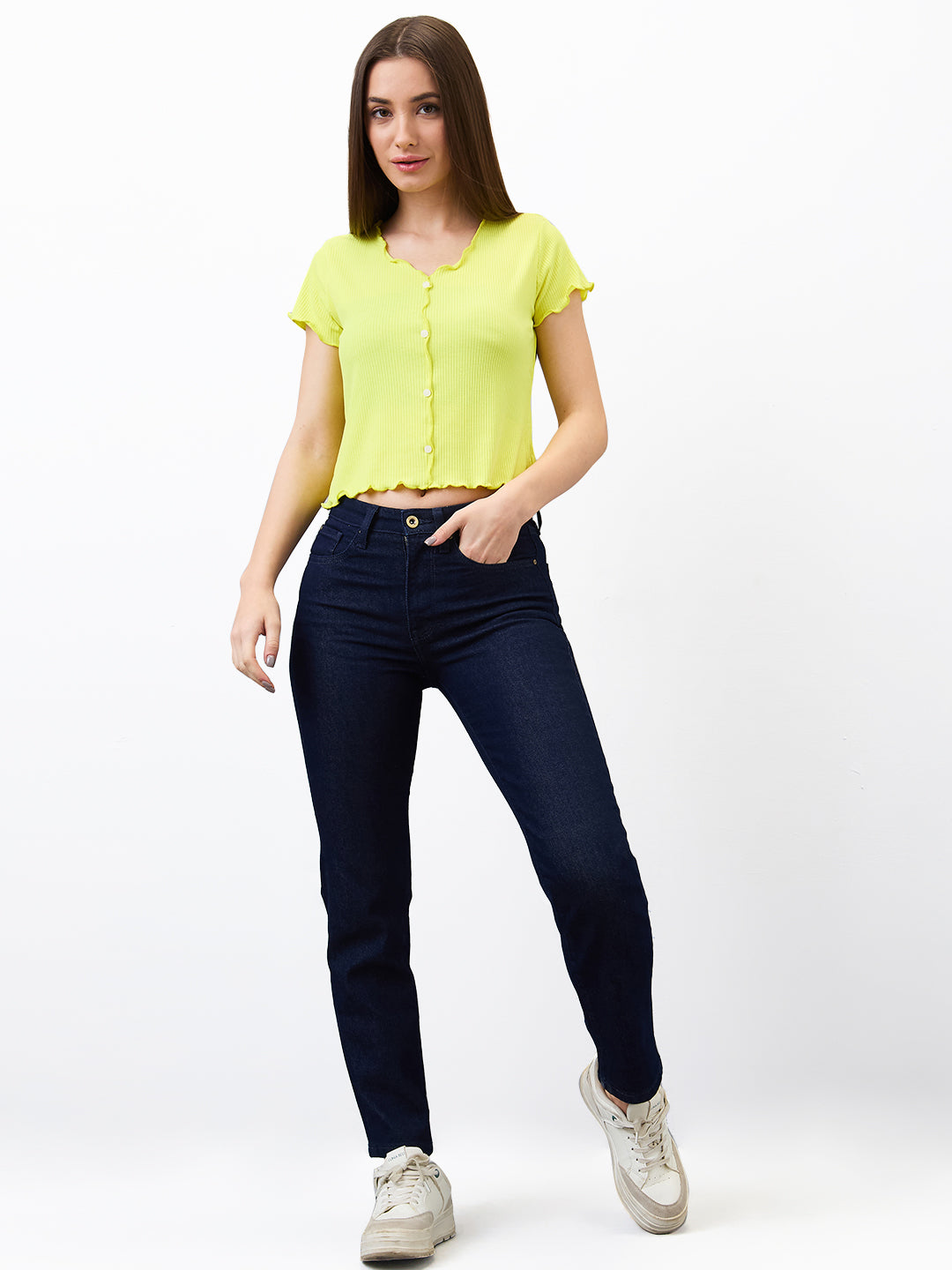 Spykar Yellow Slim Fit Solid Half Sleeve T-Shirt For Women