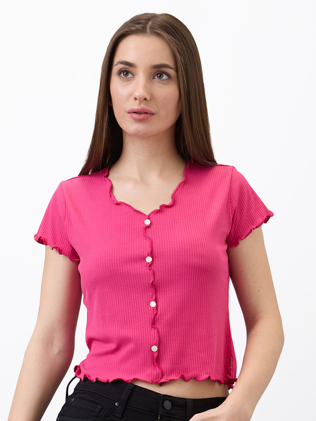 Spykar Pink Slim Fit Solid Half Sleeve T-Shirt For Women