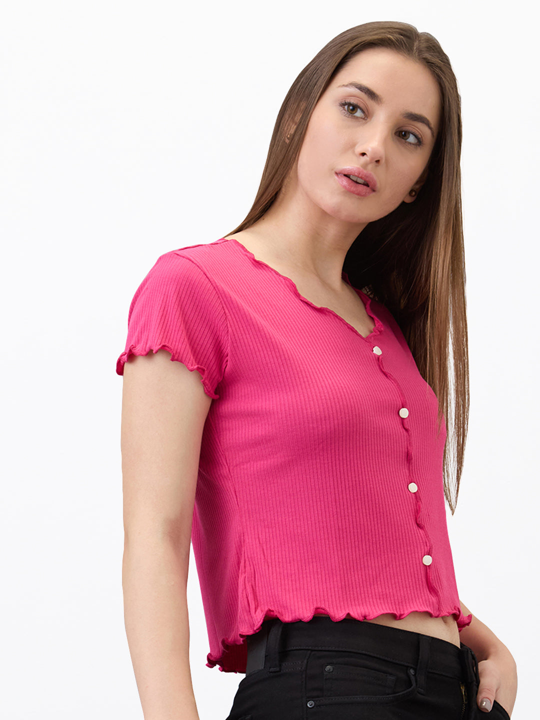 Spykar Pink Slim Fit Solid Half Sleeve T-Shirt For Women