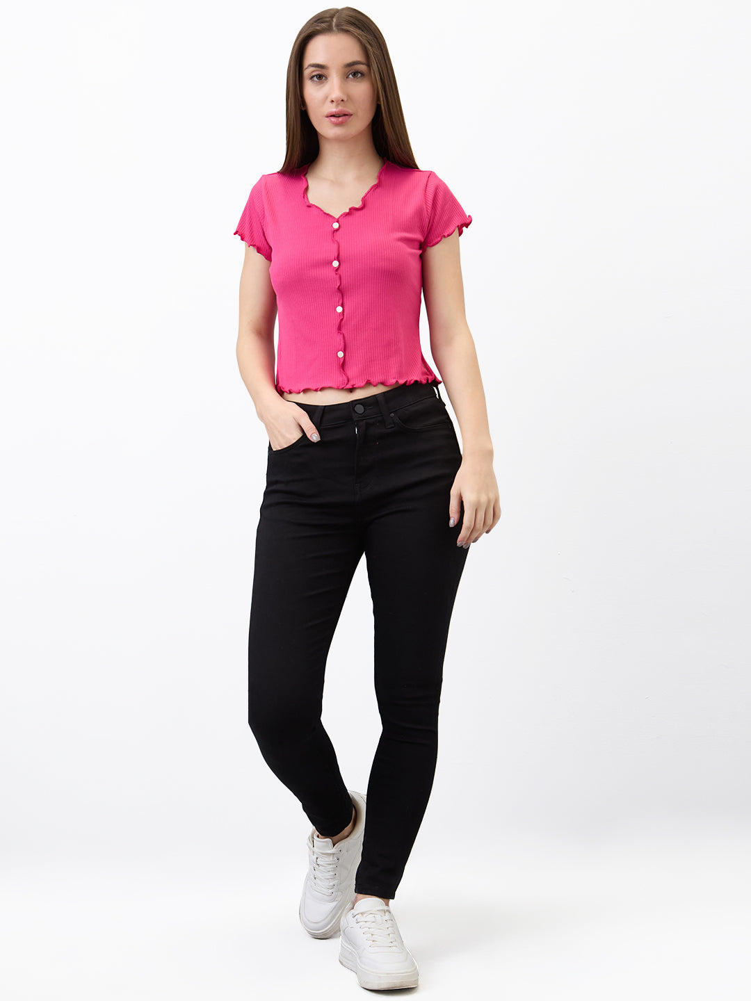 Spykar Pink Slim Fit Solid Half Sleeve T-Shirt For Women