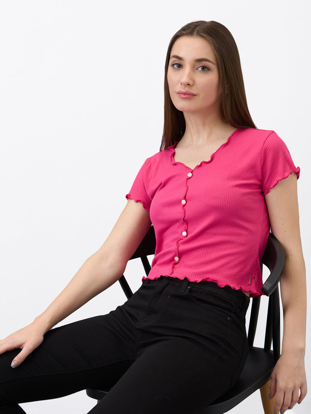 Spykar Pink Slim Fit Solid Half Sleeve T-Shirt For Women