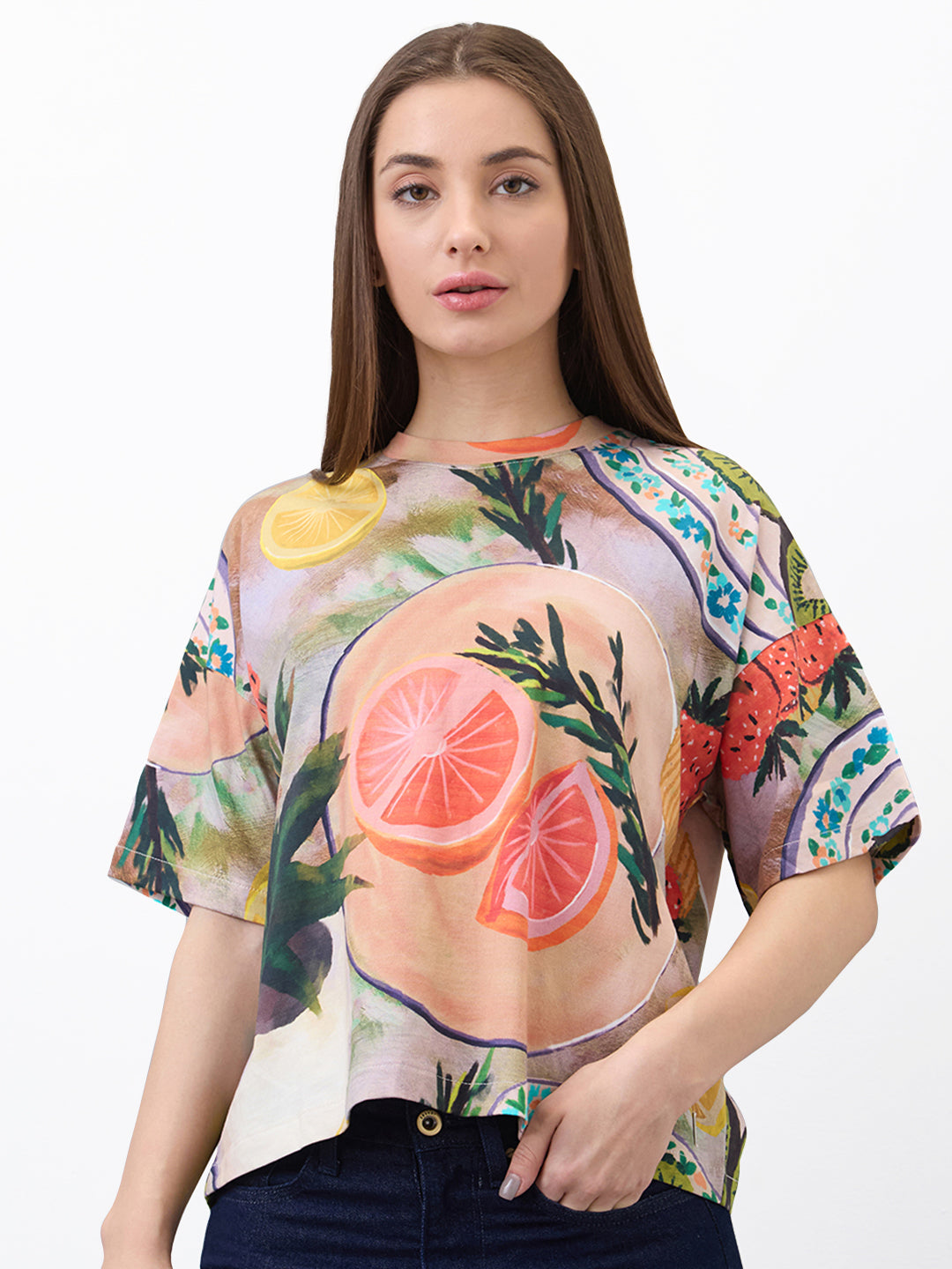 Spykar Pink Oversized Printed Half Sleeve T-Shirt For Women