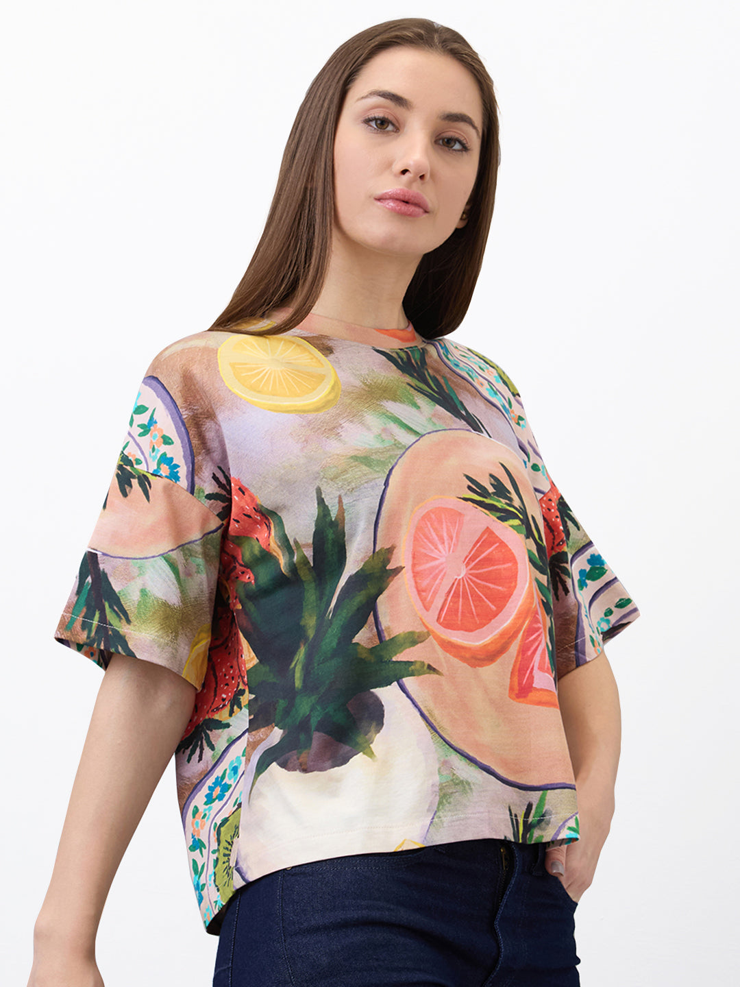 Spykar Pink Oversized Printed Half Sleeve T-Shirt For Women