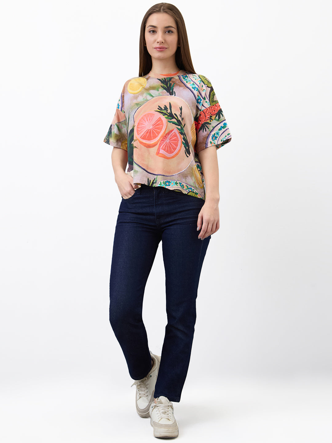 Spykar Pink Oversized Printed Half Sleeve T-Shirt For Women