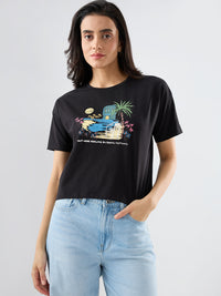 Women T-Shirt Graphic Black Boxy Fit