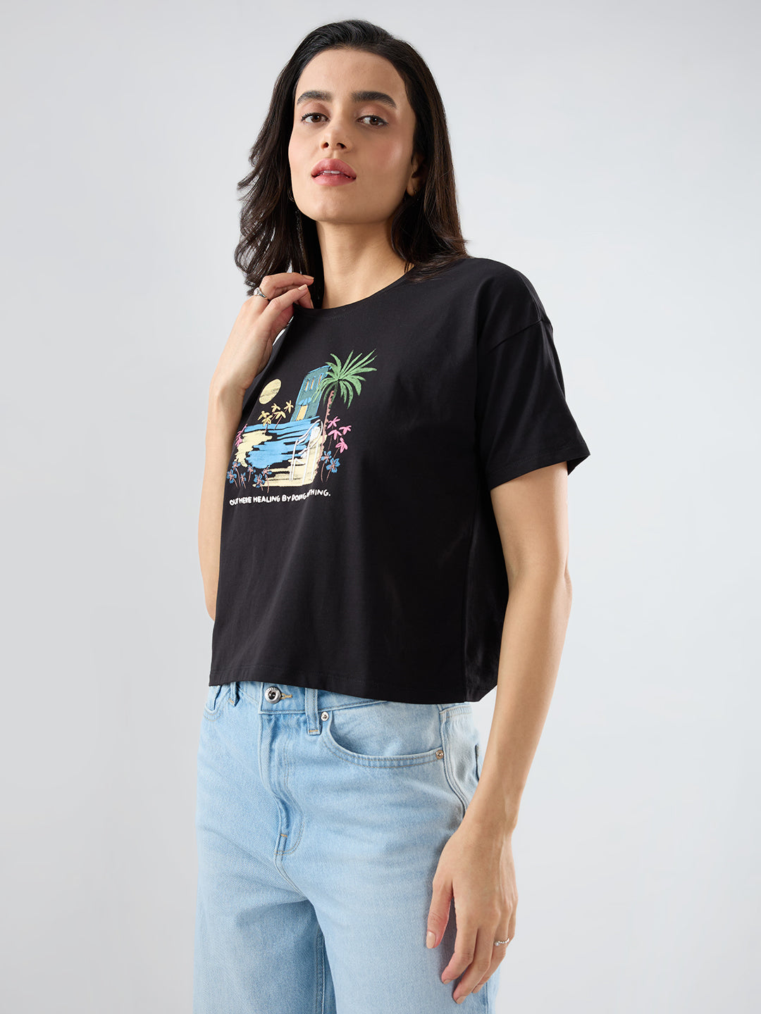 Women T-Shirt Graphic Black Boxy Fit