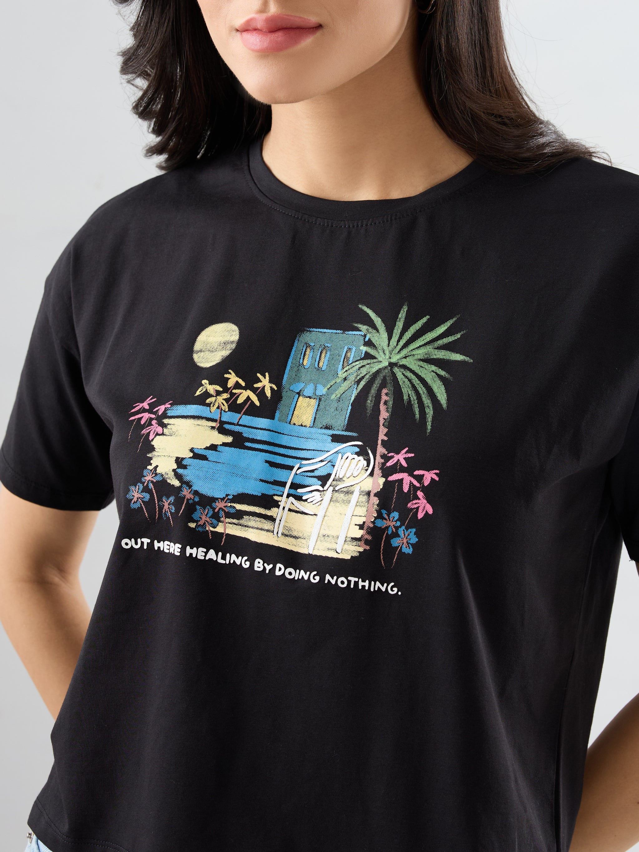 Women T-Shirt Graphic Black Boxy Fit
