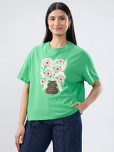 Women T-Shirt Graphic Green Oversized Fit