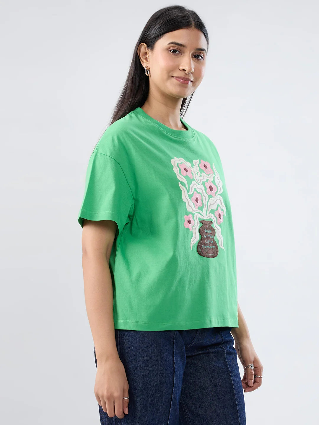 Women T-Shirt Graphic Green Oversized Fit