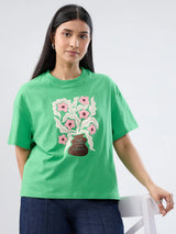 Women T-Shirt Graphic Green Oversized Fit