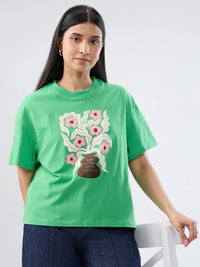 Women T-Shirt Graphic Green Oversized Fit