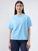 Women T-Shirt Graphic Blue Oversized Fit