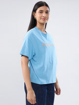 Women T-Shirt Graphic Blue Oversized Fit