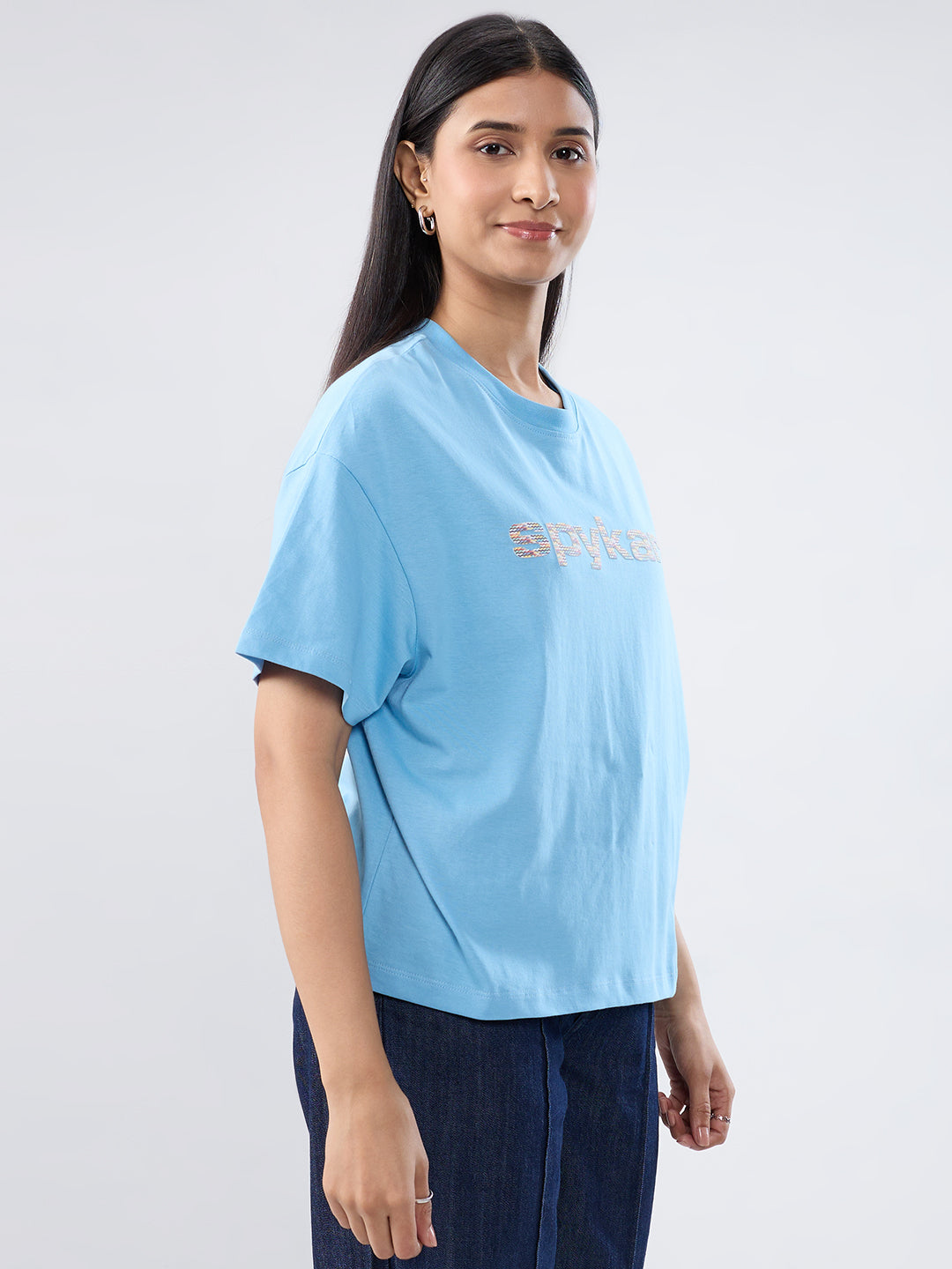 Women T-Shirt Graphic Blue Oversized Fit