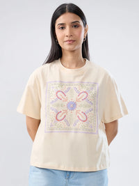Women T-Shirt Graphic Beige Oversized Fit