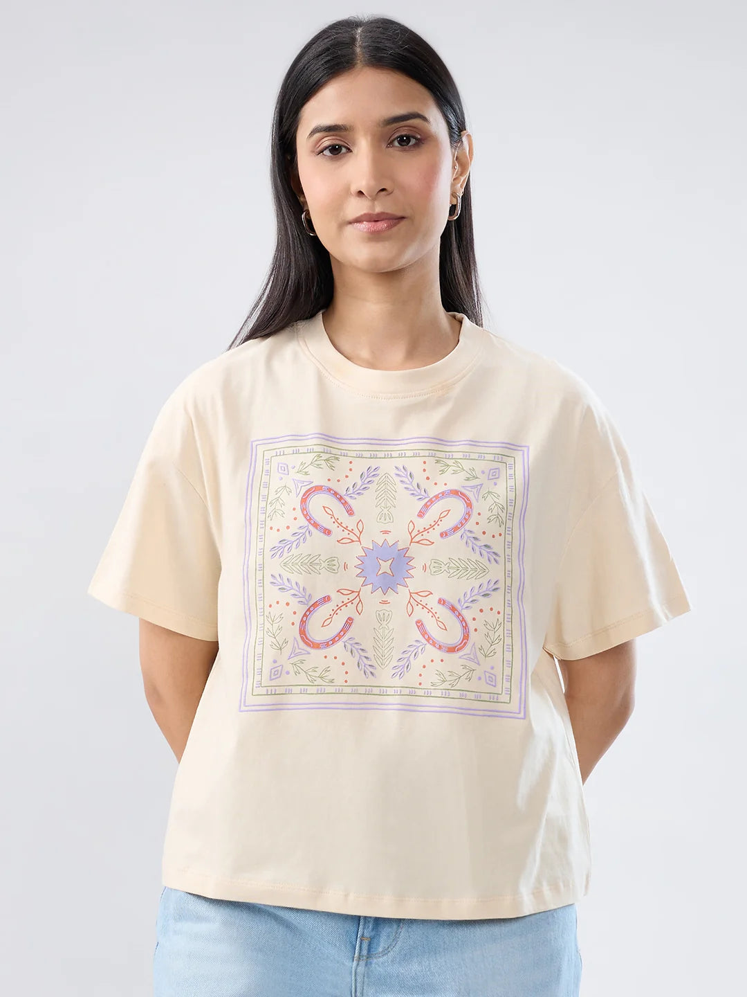 Women T-Shirt Graphic Beige Oversized Fit