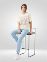 Women T-Shirt Graphic Beige Oversized Fit