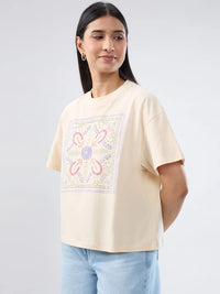 Women T-Shirt Graphic Beige Oversized Fit