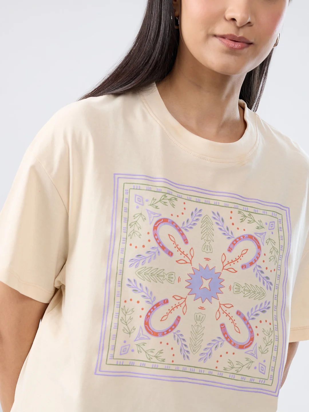 Women T-Shirt Graphic Beige Oversized Fit