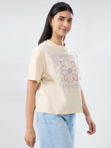Women T-Shirt Graphic Beige Oversized Fit
