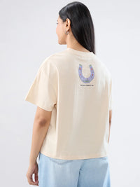Women T-Shirt Graphic Beige Oversized Fit