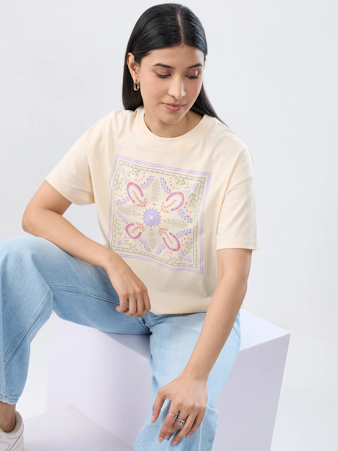 Women T-Shirt Graphic Beige Oversized Fit