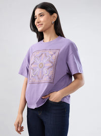 Women T-Shirt Graphic Purple Oversized Fit