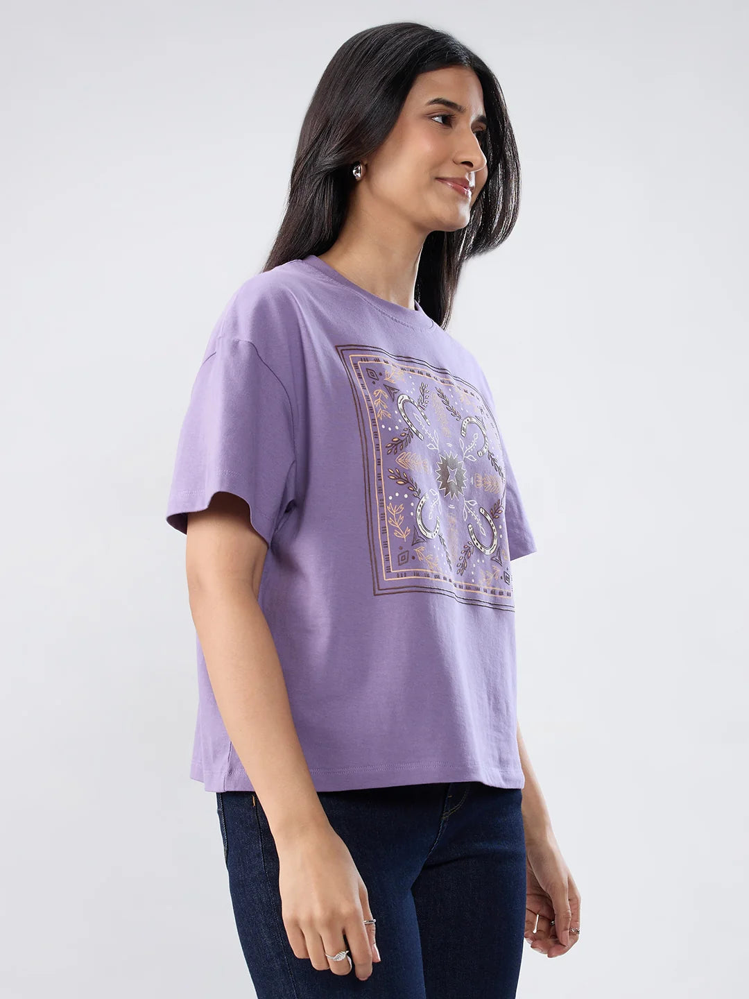 Women T-Shirt Graphic Purple Oversized Fit