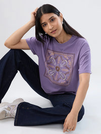 Women T-Shirt Graphic Purple Oversized Fit