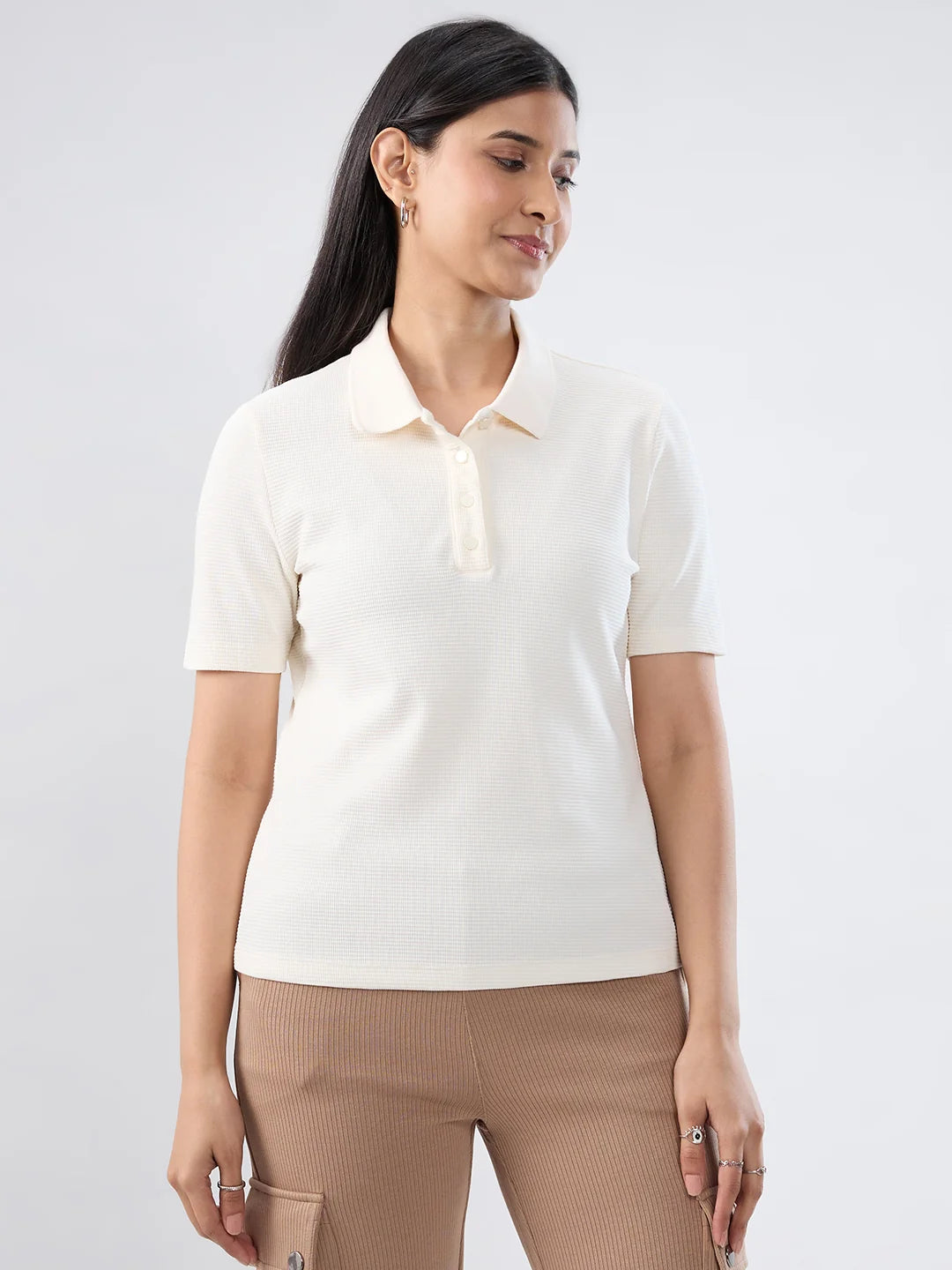 Women T-Shirt Solid White Regular Fit
