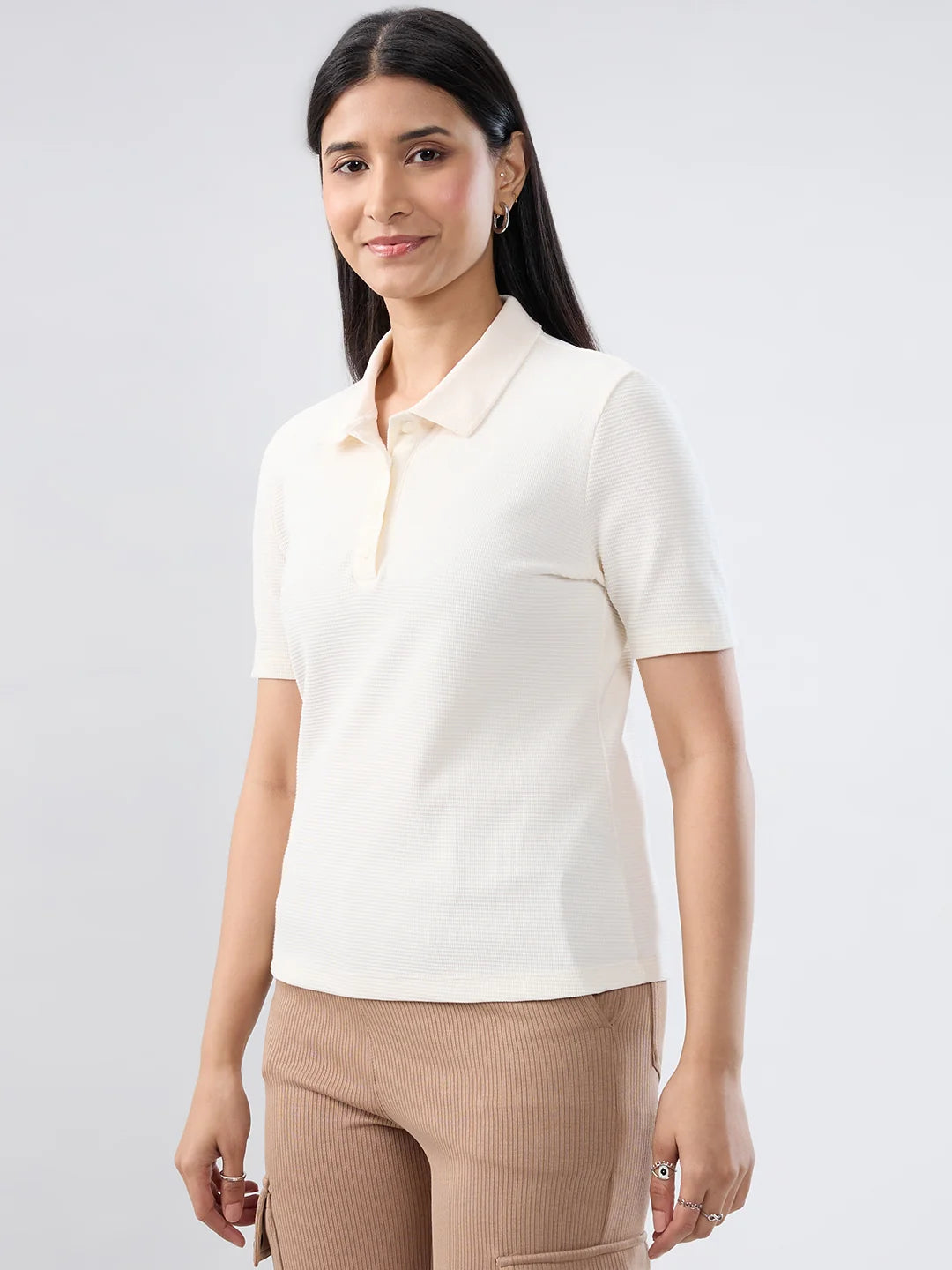 Women T-Shirt Solid White Regular Fit