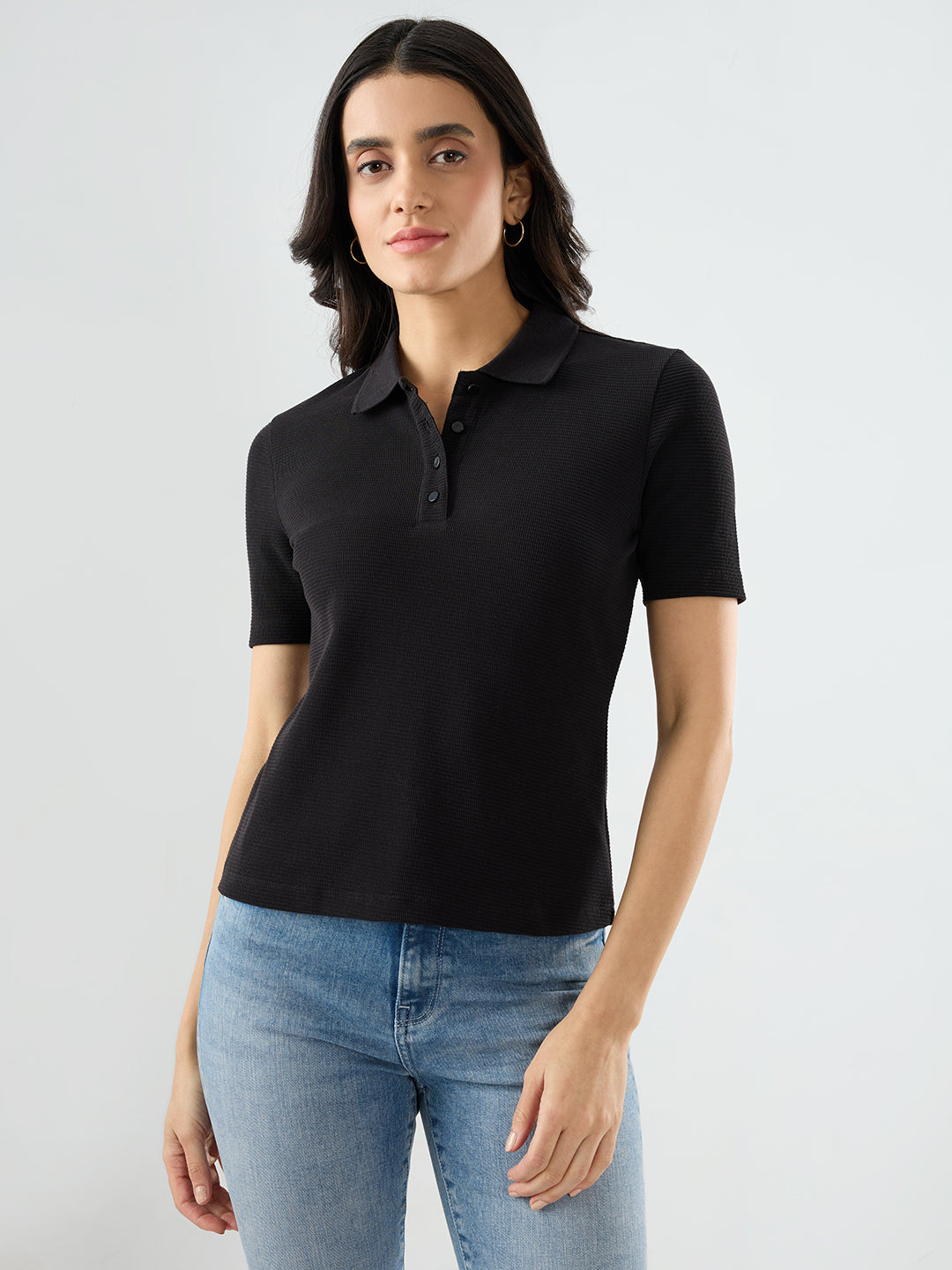 Women T-Shirt Solid Black Regular Fit
