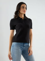 Women T-Shirt Solid Black Regular Fit