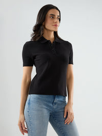 Women T-Shirt Solid Black Regular Fit