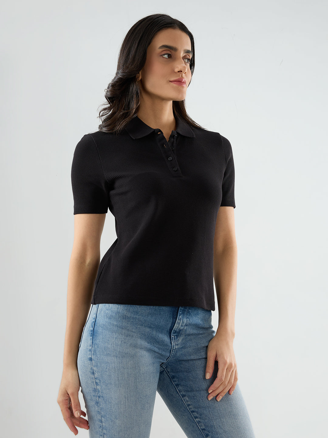 Women T-Shirt Solid Black Regular Fit