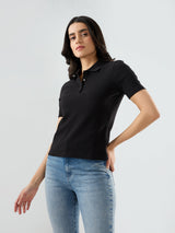 Women T-Shirt Solid Black Regular Fit