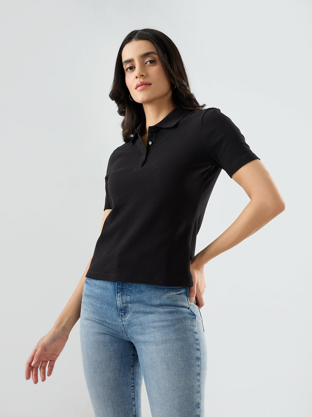 Women T-Shirt Solid Black Regular Fit