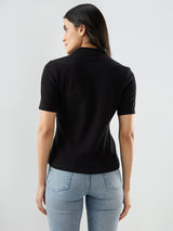Women T-Shirt Solid Black Regular Fit