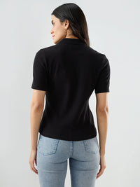 Women T-Shirt Solid Black Regular Fit