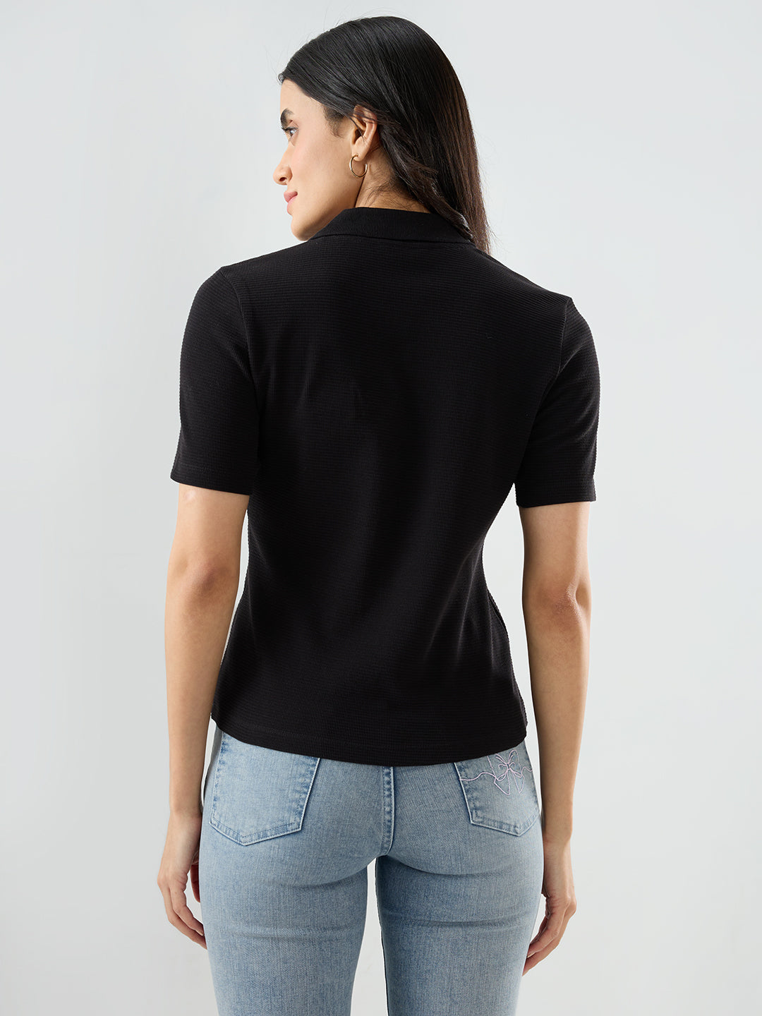 Women T-Shirt Solid Black Regular Fit